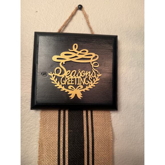 Seasons Greetings Holiday Card Holder Black Wooden Topper Brown Burlap Ribbon - Picture 3 of 5